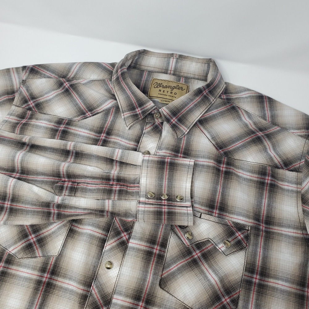 Wrangler Western Shirt Mens 2XL Brown Plaid Long Sleeve MVR468M